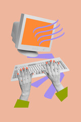 Poster - Vertical collage poster human hands type browse computer keyboard screen monitor user modern technology remote job drawing background