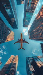 Poster - An airplane flying between skyscrapers, view from the ground.