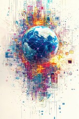 Poster - Digital illustration of the Earth surrounded by vibrant circuitry and data networks, symbolizing global connectivity and technology