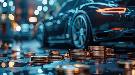 Poster - A modern car and stacks of coins lying next to it.