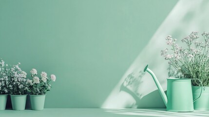 Wall Mural - Green watering can and potted plants against a mint green wall.