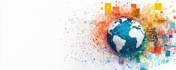 Poster - Digital illustration of Earth surrounded by vibrant digital pixels and networks showcasing connectivity and modern technology.