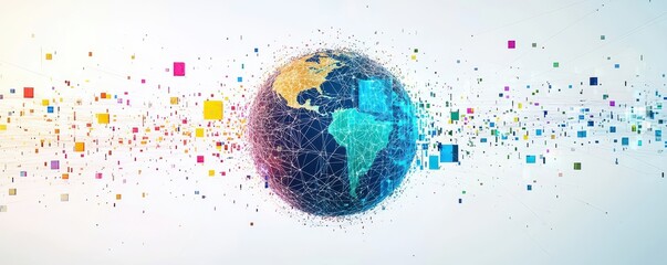 Poster - Digital illustration of the Earth surrounded by colorful data points in a networked global concept