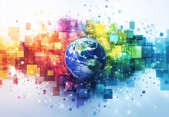 Wall Mural - digital illustration of the earth surrounded by vibrant colorful squares and abstract network lines 
