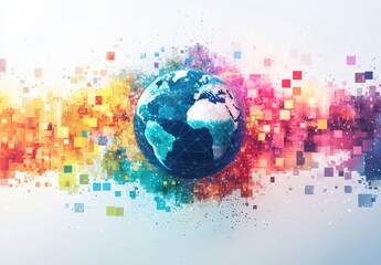 Wall Mural - digital illustration of earth surrounded by vibrant pixel art representing global connectivity and t