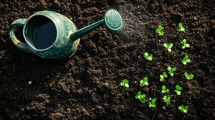 Wall Mural - Green watering can watering young plants in the garden.