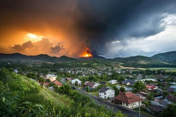 Dramatic sunset over a suburban landscape with smoke billowing from a distant fire.