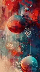 Wall Mural - A painting of two Christmas ornaments hanging from a string. The ornaments are blue and red and are surrounded by splatters of paint. The painting has a festive and colorful mood