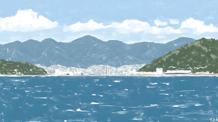 Wall Mural - Blue Ocean with Mountains and Cityscape in Background