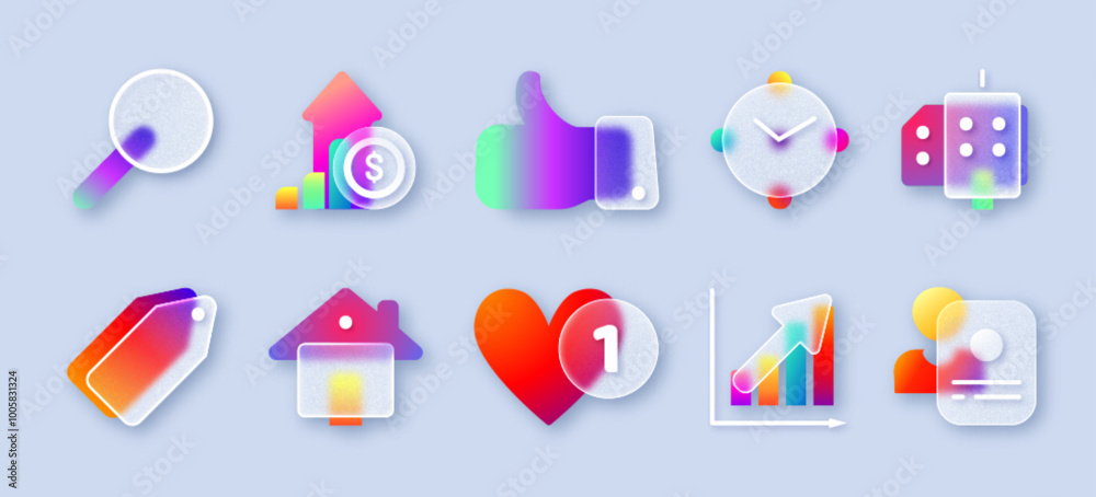 Transparent matte glass morphism ui icon set with neon gradient ...