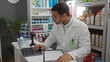 © Krakenimages.com - Young hispanic man working in a pharmacy store, focused on his laptop and holding a pen, surrounded by various shelves of medical supplies and products in an indoor setting.
