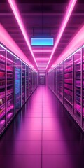 Poster - A long hallway with pink lights and shelves of products