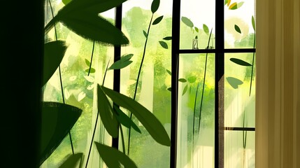 Wall Mural - Green Leaves Silhouettes Through Window with Sunlight