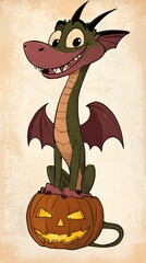 Sticker - Cute Green Dragon Sitting on a Jack-o'-Lantern for Halloween