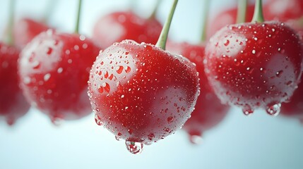 Poster - Closeup macro shot of fresh,vibrant red berries like strawberries,raspberries,or cherries with water droplets glistening on the stems. Healthy,sweet and juicy berries in a natural,organic setting.