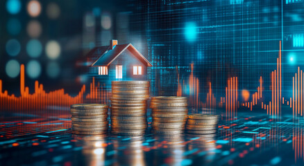 Stacks of coins and a house icon on a digital background with a financial graph, representing the real estate concept. 