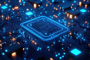 Poster - Glowing blue circuit board pattern with intricate digital connections and futuristic technology theme
