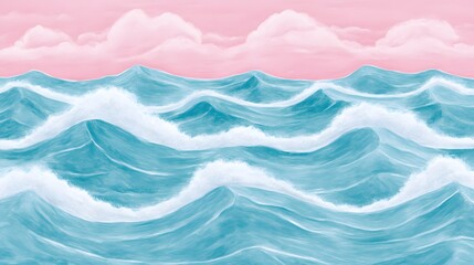 Wall Mural - Abstract Ocean Waves with Pink Clouds and Sky