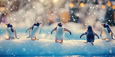 Five cute penguins stand on a snow-covered ledge, surrounded by soft falling snowflakes. This enchanting winter scene captures the charm of these playful birds in a beautiful setting. AI