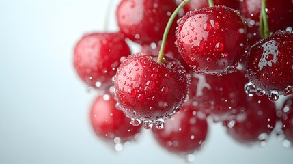 Poster - Closeup of a cluster of fresh,vibrant red ripe juicy berries with water droplets on the stems against a clean white background. Healthy organic fruit with natural refreshing look.