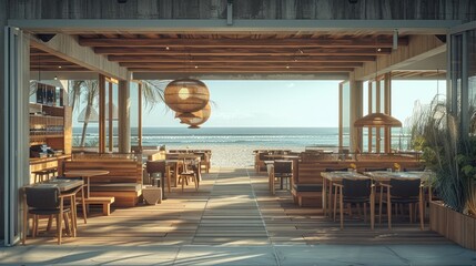Poster - A minimalistic and rustic beach club restaurant, The design features natural wood.