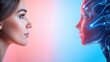 © Sumet - A captivating side-by-side portrait of a woman and a futuristic robot, exploring the intersection of humanity and technology.