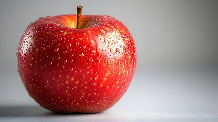 Poster - Closeup of a freshly picked,ripe and juicy red apple with glistening water droplets on the shiny,textured surface. The apple is set against a plain background.