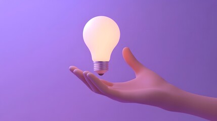 3D Cartoon hand holding lightbulb on purple background. thinking, good idea and business success creative concept. 3d render illustration. 