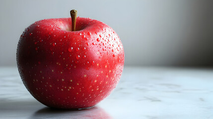 Poster - Closeup of a juicy,ripe red apple with a shiny,dewy surface against a soft,blurred background. Healthy,organic fruit concept for food,recipe,nutrition,or lifestyle design.