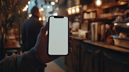 Poster - Mockup of a smartphone held by a man hand, with a blank screen ready for custom content or advertisements in a coffee shop.