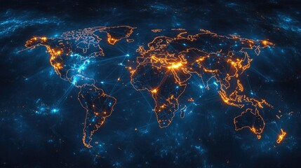 Poster - Neon-lit world map with bright network connections radiating from the U.S., set on a dark blue starry background.