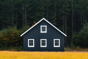 Wall Mural - chic farmhouse with vertical matte black paneling, white window trim, on a field of vibrant yellow g