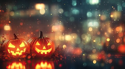 Spooky Halloween night illustration with a blurry background, glowing jack-o'-lanterns, and bokeh. Perfect for Halloween event banners and festive design projects.