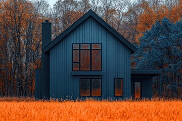 Wall Mural - chic farmhouse with vertical pearl blue paneling, dark grey window trim, on a field of bright orange