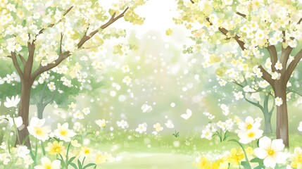 Wall Mural - Watercolor Spring Forest with Blooming Trees and Flowers