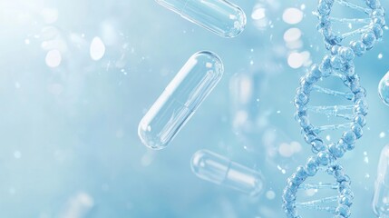 light blue background with transparent capsule icons and dna strands