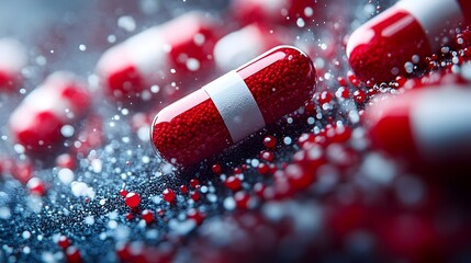 Poster - Closeup of a vibrant red pharmaceutical capsule or pill against a shimmering abstract background with glittering textures and colors. Represents the medical,scientific,and healthcare industry.