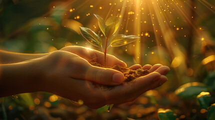 Poster - Two hands gently holding and nurturing a small plant, with light rays shining from it. The background is glowing in a golden hue with green accents.