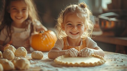 two children joyfully baking with pumpkin and dough in a cozy kitchen setting.