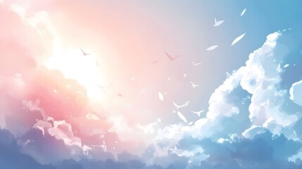 Wall Mural - Pink and Blue Watercolor Sky with Birds