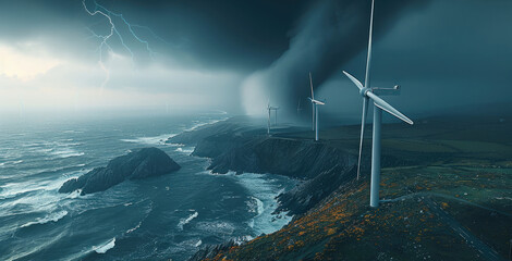 Poster - Massive wind turbines sitting atop a hill overlooking the ocean, tornado approaching.