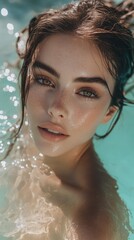 Sticker - A woman with green eyes and light brown hair is in a pool of water