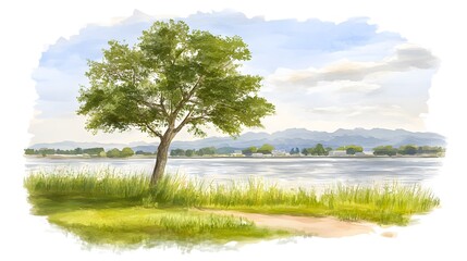 Wall Mural - Watercolor Painting of a Tree by a Lake with Mountains in the Background