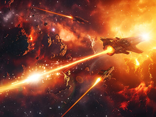 Wall Mural - intense space battle with futuristic ships firing lasers and exploding in cosmic warfare chaos.