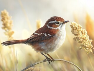 Wall Mural - A Small Brown Bird Perched on a Branch in a Meadow