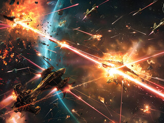 Wall Mural - intense space battle erupting with colorful laser beams and vivid explosions of energy and light.