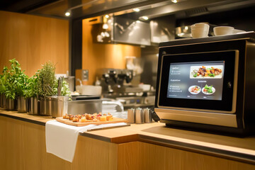 A kitchen with a digital screen showing a menu of food items. The kitchen is well-equipped with a microwave oven, oven, and a variety of utensils such as spoons and knives