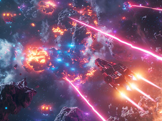 Wall Mural - intense sci-fi space battle featuring colorful laser beams, explosions, and dynamic spacecraft maneu
