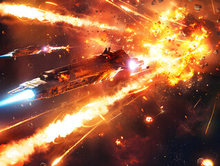 Wall Mural - intense space battle between ships with vibrant laser beams and fiery explosions in the background.
