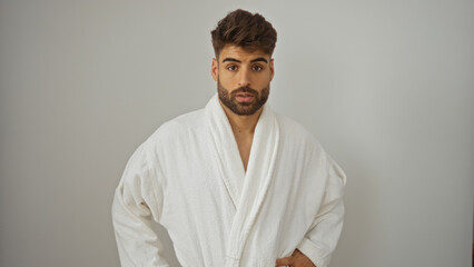 handsome hispanic man with a beard in a white robe standing isolated against a white background